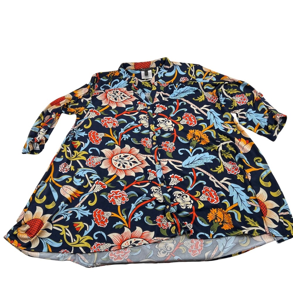 BCBGMAXAZRIA Floral Tunic Blouse XL Blue Red Orange colorful 3/4‎ sleeves